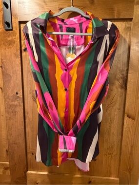 Megan Renee Organic Silk Button Up Blouse 2X Multicolor Stripe